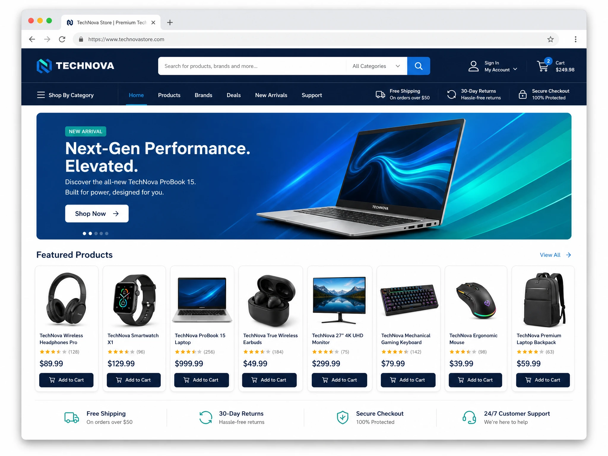 Example of a professional eCommerce online store built by Web Shop Design, showing a product grid with prices and add-to-cart buttons.